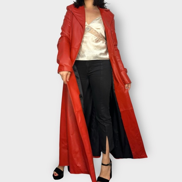 Vintage 1970’s Real Leather Full Length Red Open Coat - Picture 3 of 11